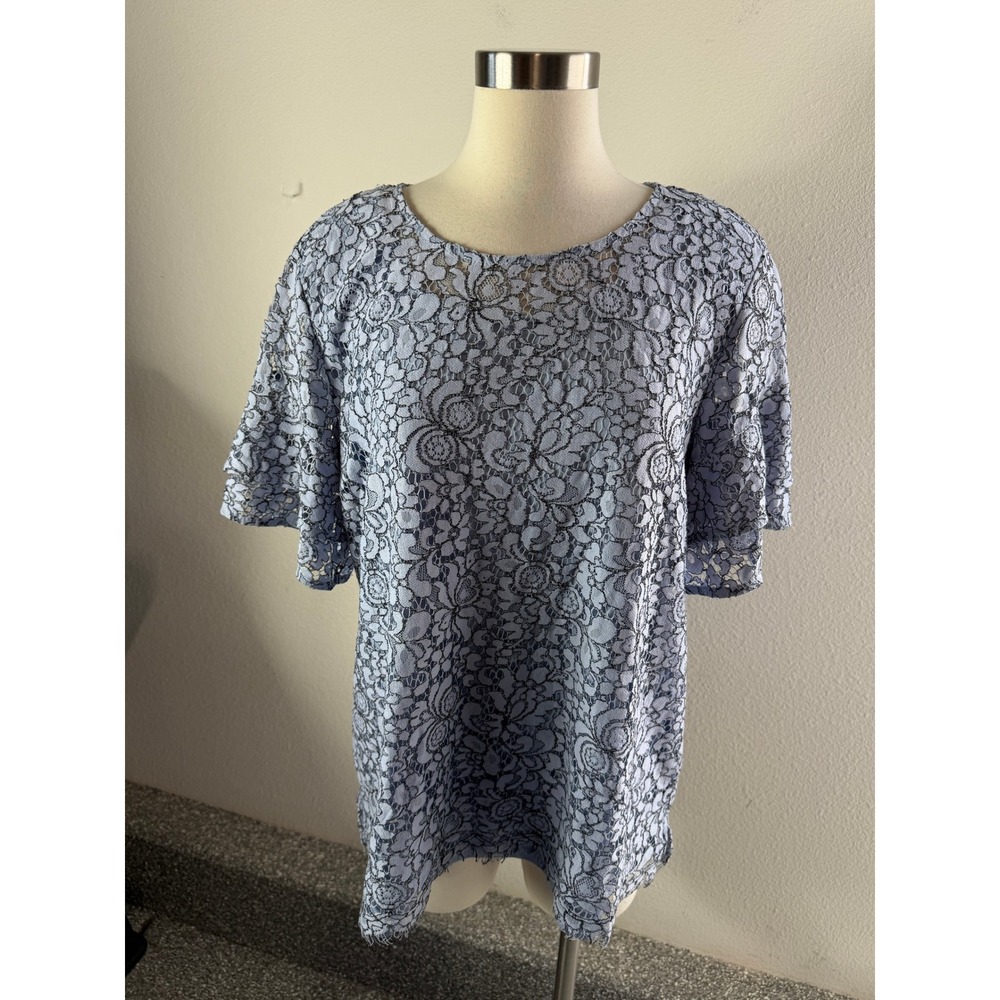 Isaac Mizrahi Live Womens XL Light Blue Floral Lace Short Sleeve Knit Top